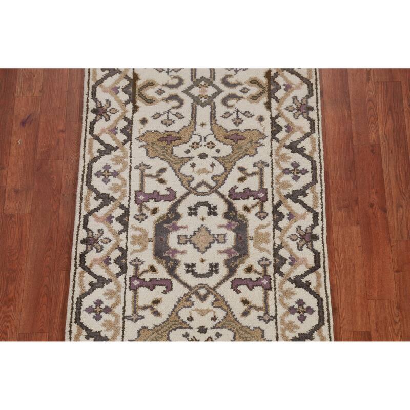 All-Over Ivory Oushak Oriental Runner Rug Handmade Wool Carpet - 2'6" x 7'11"