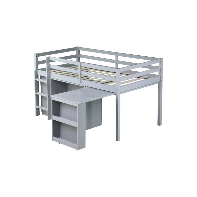 Twin Size Loft Bed Frame with Pull-out Desk, Drawer and Shelf Cabinets, Space-Saving with Safety Guardrail and Sturdy Ladder