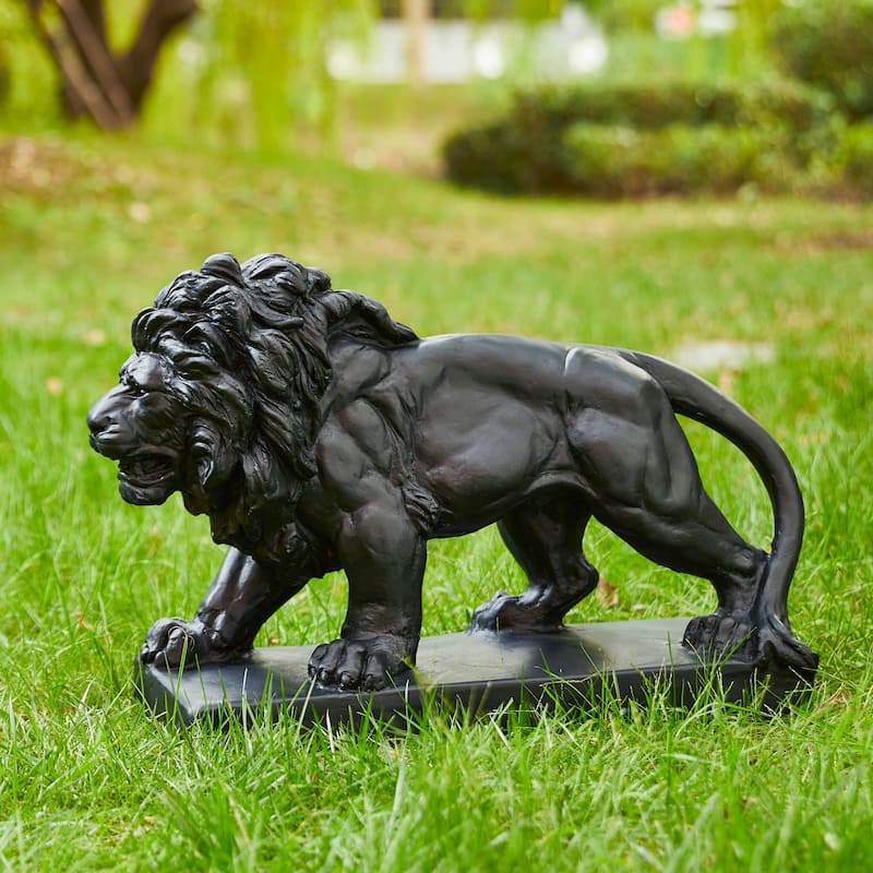 Glitzhome MGO Vintage Sitting & Lying Lion Guardian Garden Statue Porch Sculpture Indoor Outdoor - 1-Piece Black Walking Lion