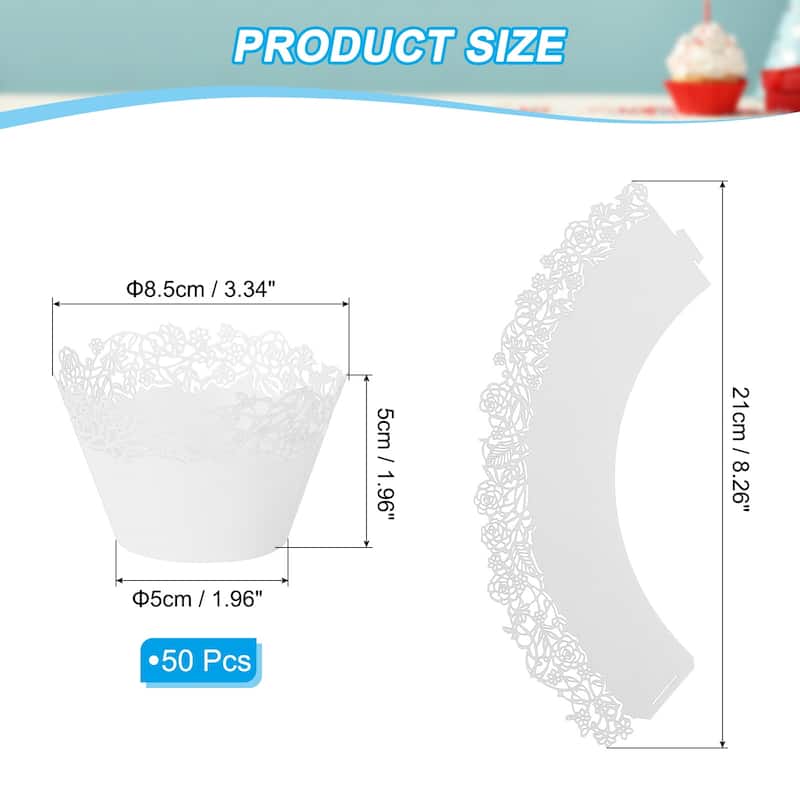 Cupcake Wrappers Paper, 50 Pack Baking Cups Standard Rose Decor - White