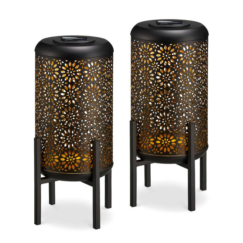 Glitzhome 14.25"H Set of 2 Metal Flower Cutout Solar Lanterns Floor Lantern