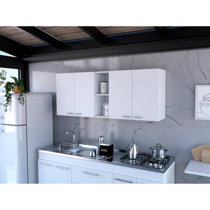 TUHOME Portofino 150 Wall Cabinet with 2 Double Doors, Dish Rack, 2 Open Shelves, and 2 Inner Shelves - N/A - White