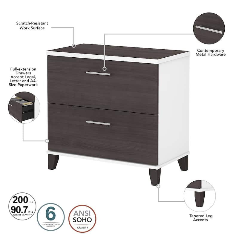 Somerset 72W L Shaped Desk with Hutch, Cabinet and Bookcase in Gray