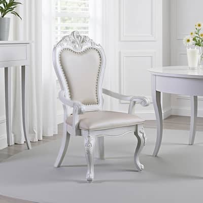 Zenie Dining Armchair Set of 2, Carved Cabriole, Faux Leather, White Wood