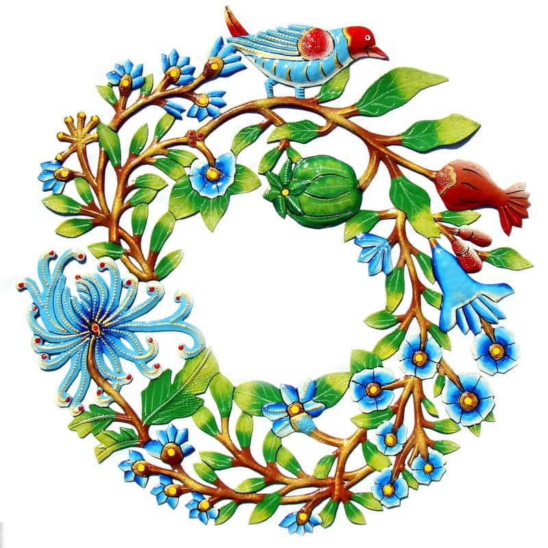 Handmade Painted Door Wreath with Bird Recycled Steel Wall Art