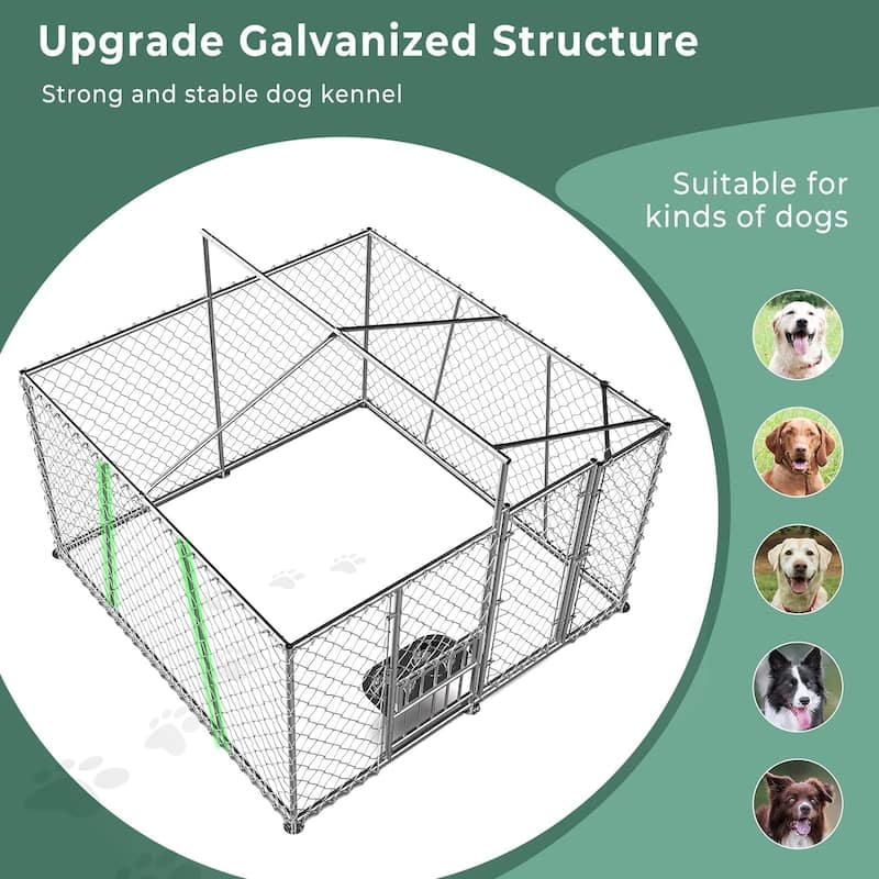 Outdoor Dog Kennel with Roof and Bowls, Large Dog House Pen Enclosure with Sidebar