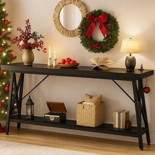 Extra Long Console Table with Charging Station & Storage, Sofa Table ...