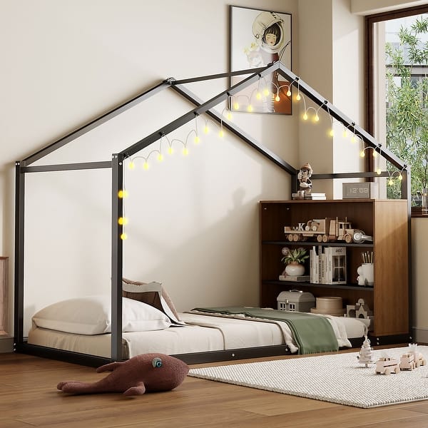 slide 2 of 13, Black Twin Size Metal Wood House Bed Frame with Shelves and Lights Twin - Black