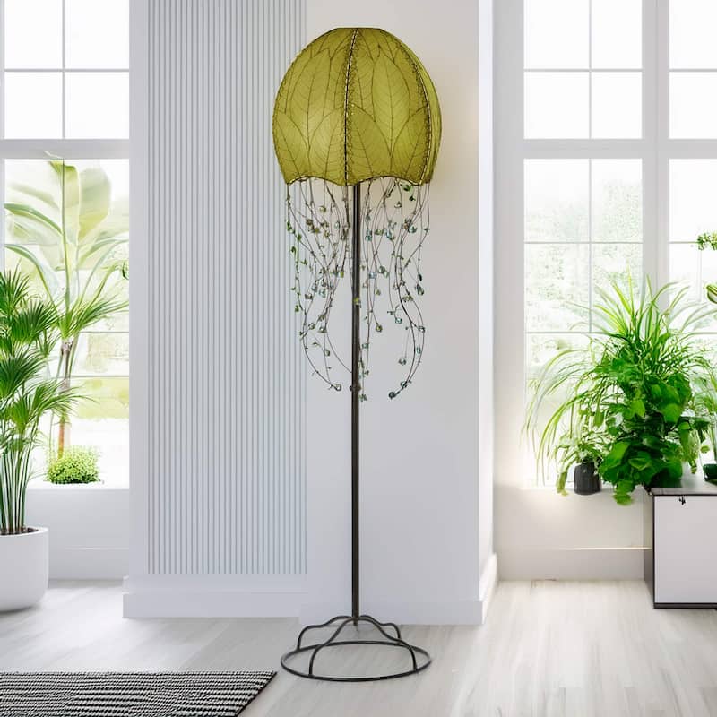 Handmade Jellyfish Large Floor Lamp, Cocoa Leaves Shade, 15 x 15 x 64 in.