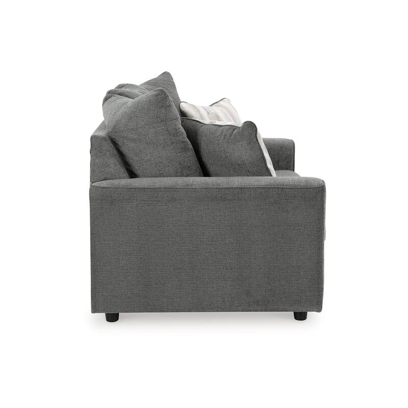 Ratty Loveseat, 63 Inch Gray Polyester, Welt Trims, 2 Throw Pillows