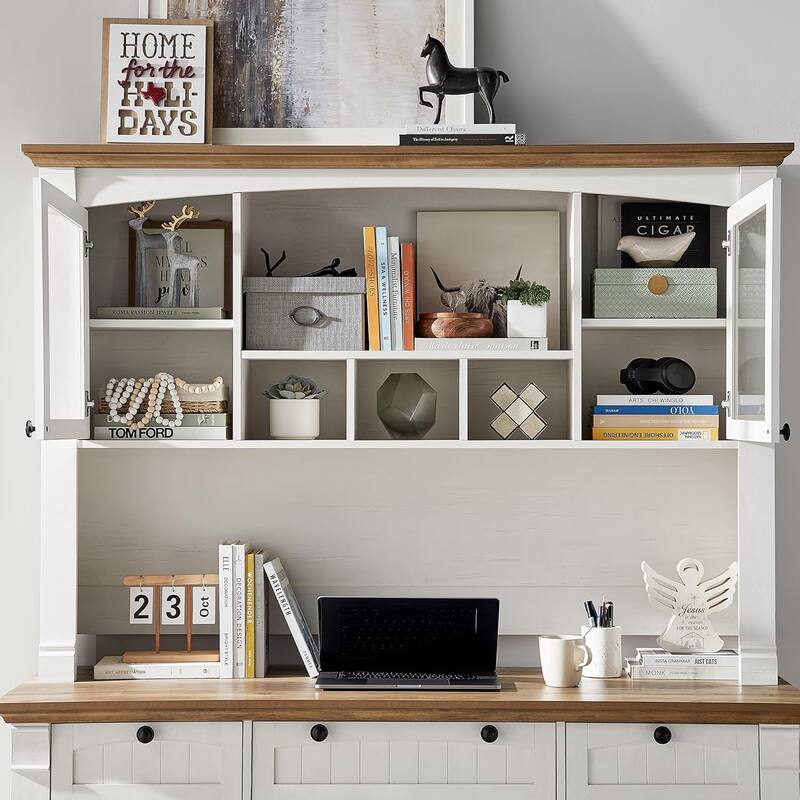 Farmhouse Computer Desk with Hutch, Wood Home Office Desk
