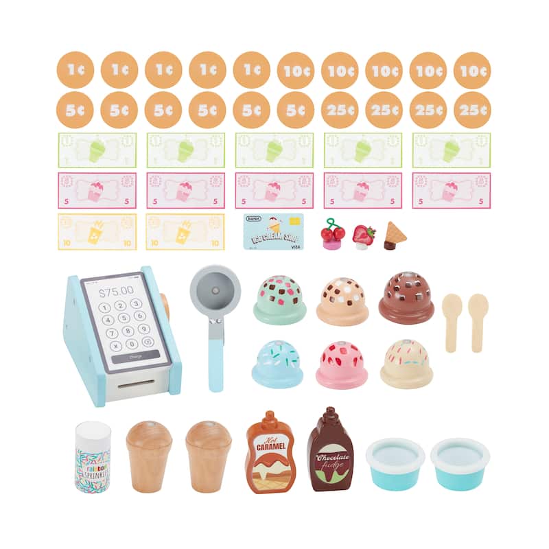 Teamson Kids Wooden Ice Cream Cart Pretend Play Food Set with33 pcs Accessory Set for Toddlers
