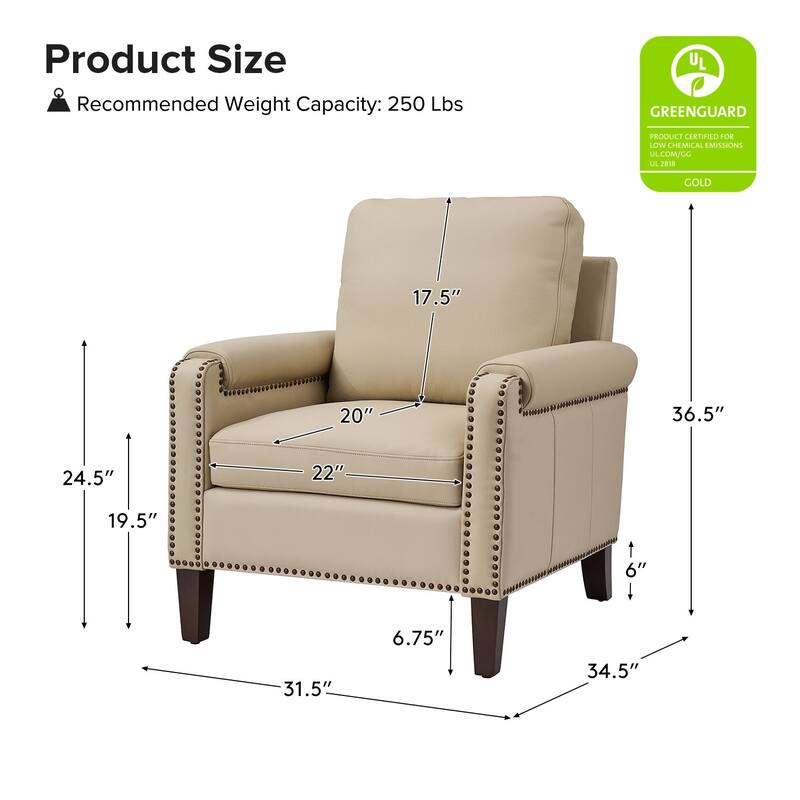 Kunz Transitional Genuine Leather Armchair with Removable Cushion and Nailhead Trims by HULALA HOME