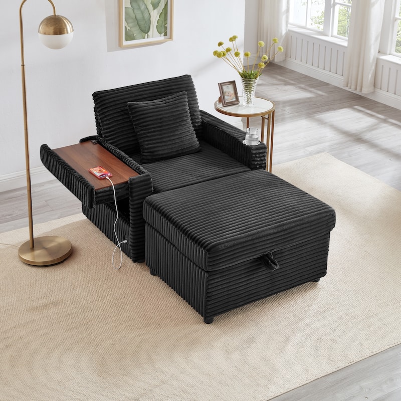 Single Lazy Sofa Chair with Storage Ottoman, Chaise Lounge with USB Charging, Recliner Sofa Chair with Cup Holder - Black