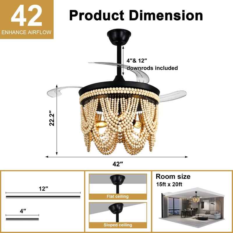 Cusp Barn 42" Retractable Ceiling Fan with Light, Farmhouse Wooden Bead Chandelier, Quiet DC Motor 6 Speeds Bohemian Ceiling Fan