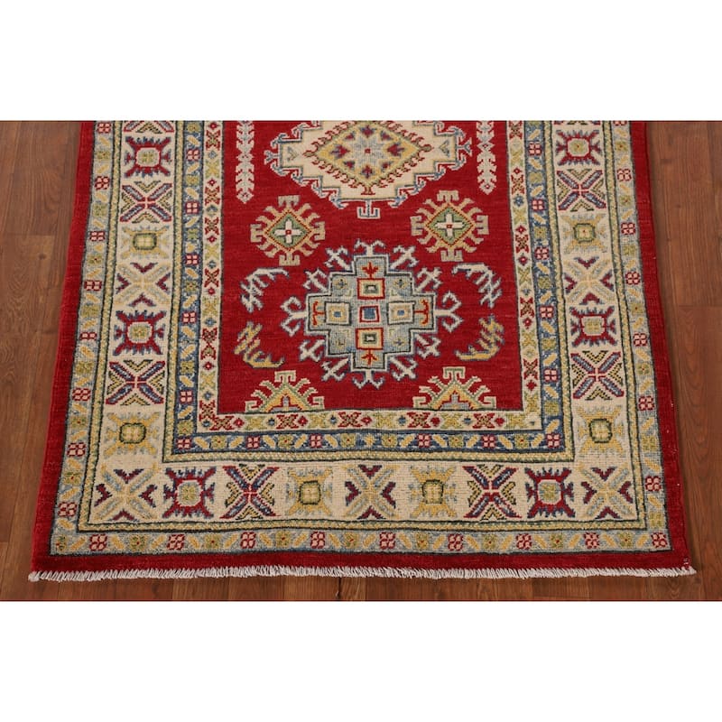 Red Kazak Oriental Accent Rug Hand-Knotted Geometric Wool Carpet - 3'4"x 5'0"