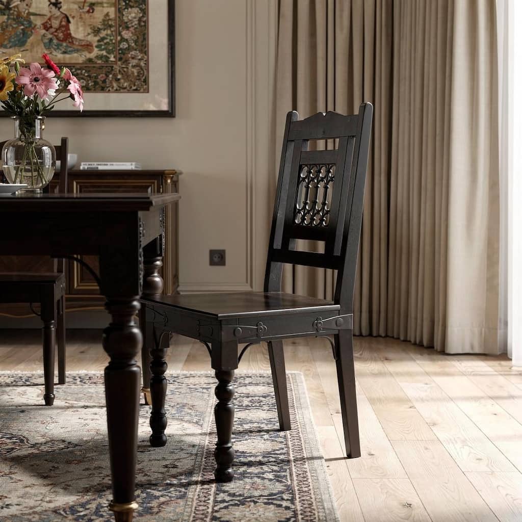 HomeRoots Dark Brown Metal and Wood Slat Back Dining Side Chair - 18.00 in. x 42.00 in. x 18.00 in.