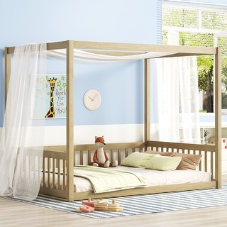 Full Size Pine Wood Canopy Frame Floor Bed with Fence and Guardrails for Bedroom