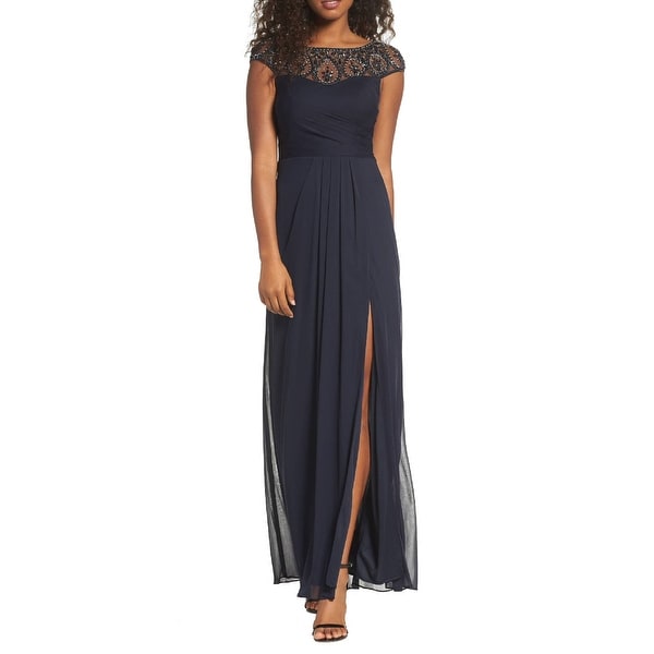 xscape petite beaded illusion gown