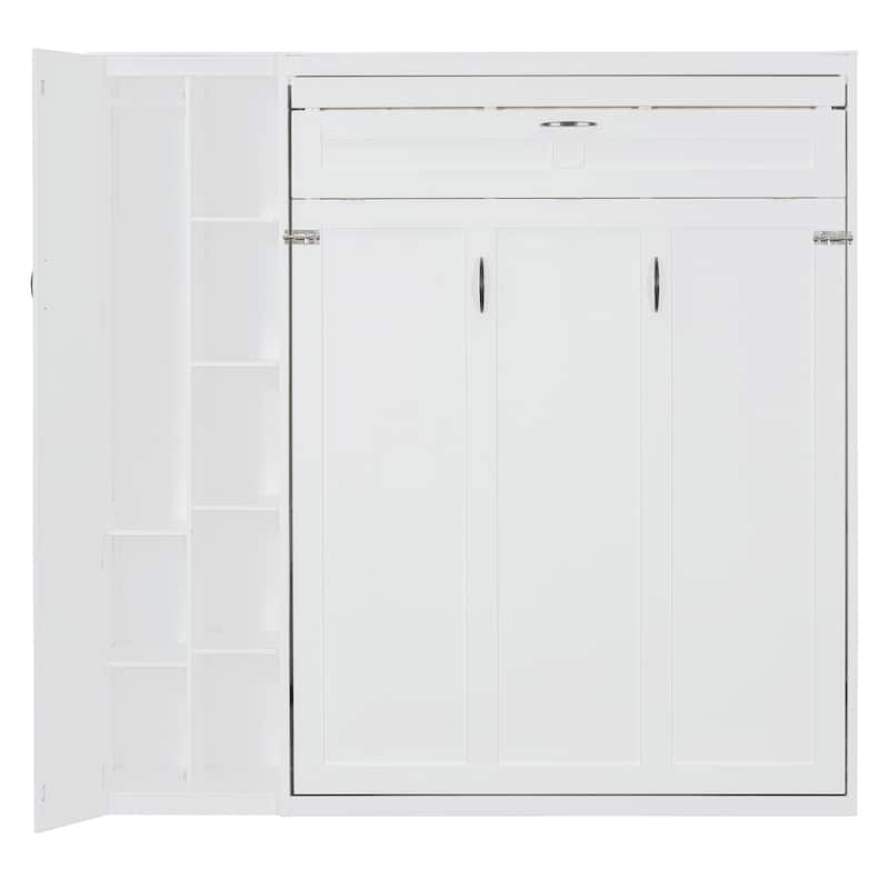 Multifunctional Foldable Murphy Bed Queen Wall Cabinet Bed with Open Storage Shelves, LED Light and Small Closet for Guest Room