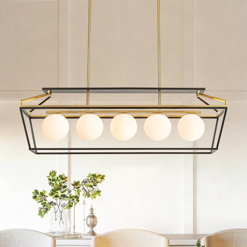 5-Light Modern Linear Chandelier in Matte Black and Brass Finish with Milky White Glass Globes for Dining Room or Kitchen Island
