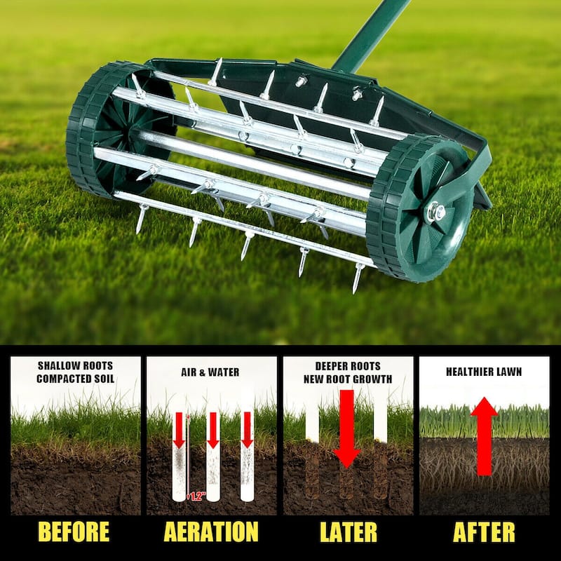 Rolling Lawn Aerator Rotary Push Tine Spike Soil Aeration w/ Fender