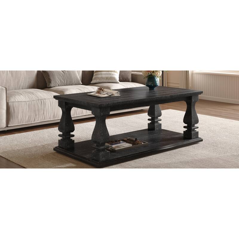 47" Black Farmhouse Coffee Table with Heavy Planked Top and Storage Shelf