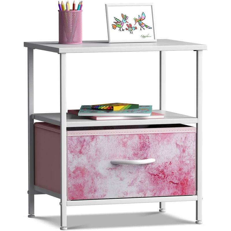 Nightstand 1-Drawer Shelf Storage - Bedside Furniture End Table Chest - Tie-Dye Pink