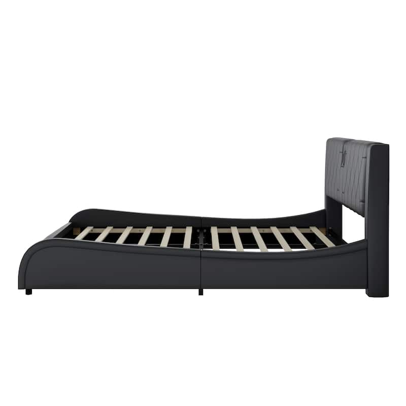 Luxurious Faux Leather Upholstered Platform Bed with Thickened Headboard, Bluetooth Speakers & RGB Lights, No Box Spring Needed