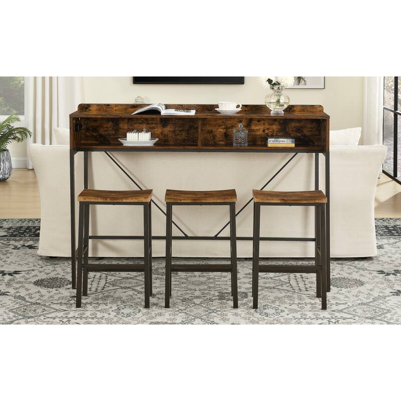 59 inch bar table, dining table, sofa table with power socket and LED light, 3 saddle stools, 4-piece bar table and chai