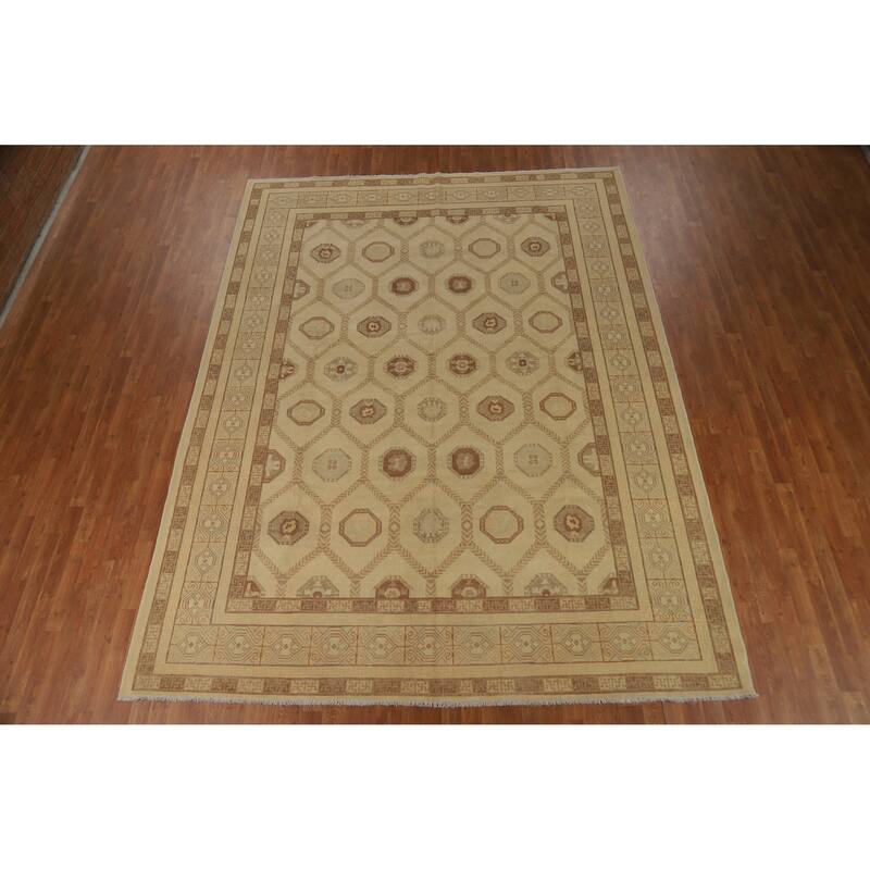 All-Over Vegetable Dye Khotan Turkish Area Rug Handmade Wool Carpet - 8'11" x 11'10"