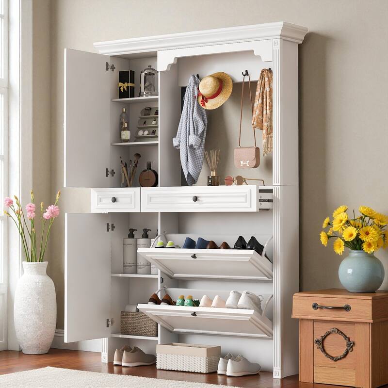 54.7'' Hall Tree with Shoe Cabinet and Mirror, 4-in-1 Entryway Bench with 2 Flip Drawers, 2 Cabinets & 4 Hooks for Hallway