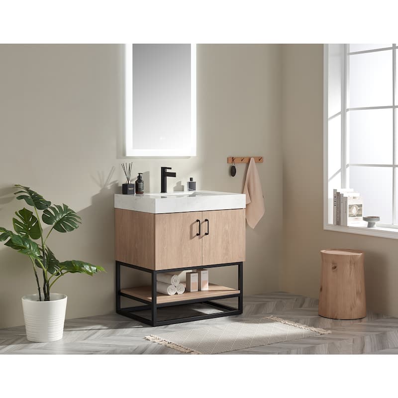Alistair Single Bath Vanity with White Grain Stone Top & Mirror