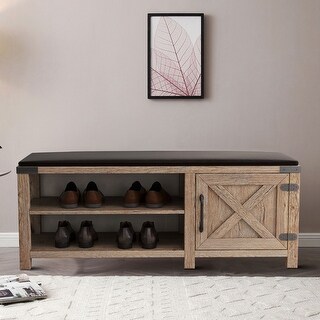 Vintage Farmhouse Style Light Brown Wooden Bench with Black PU Seat ...