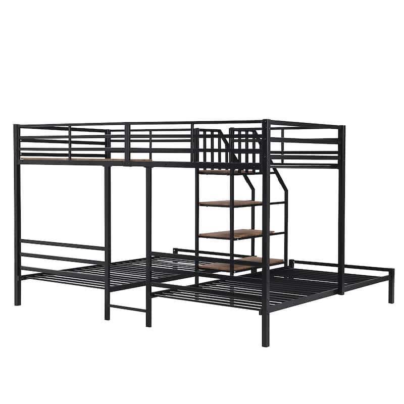 Metal Twin over Twin & Twin Bunk Bed with Storage Shelves Staircase, Triple Bunk Bed Frame, No Box Spring Needed for Kids