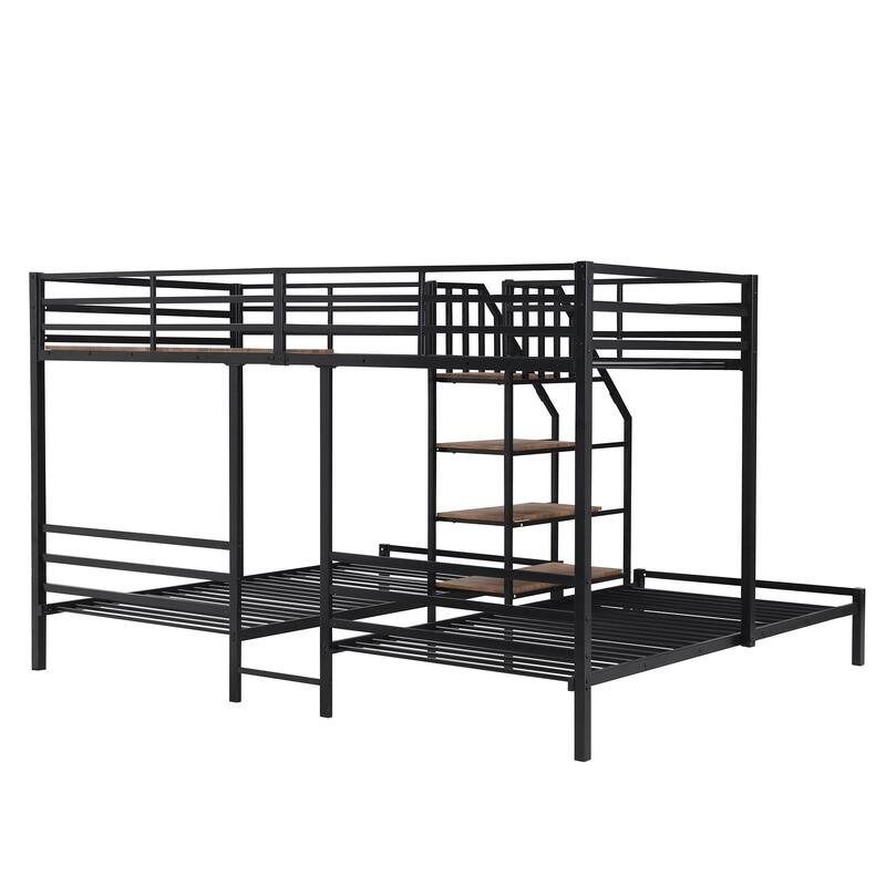 Twin Over Twin & Twin Triple Bunk Bed with Storage Shelves and Safety Rails, Black