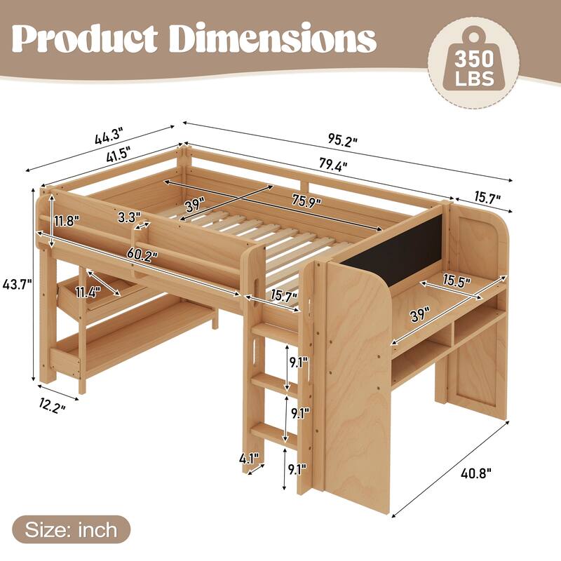 Full/Twin Size Loft Bed with Built-in Desk, Multi-Storage Bookcases & Blackboard, Solid Wood Low Loft Bed Frame