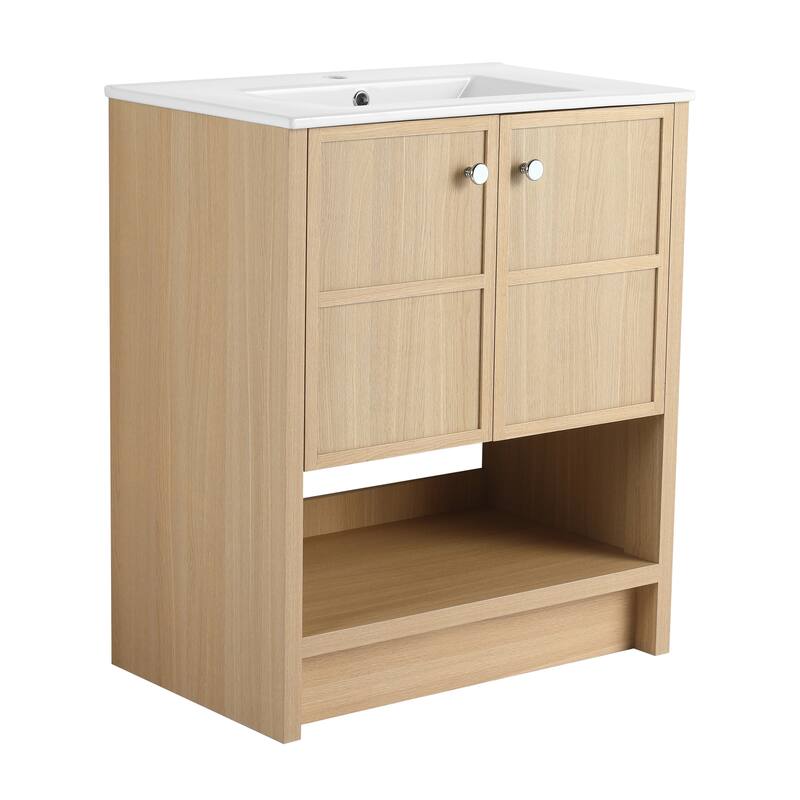 GDFStudio - Bergen Modern Minimalist Freestanding Bathroom Vanity Cabinet with Ceramic Sink, Soft Close Doors& Open Shelf - 30"