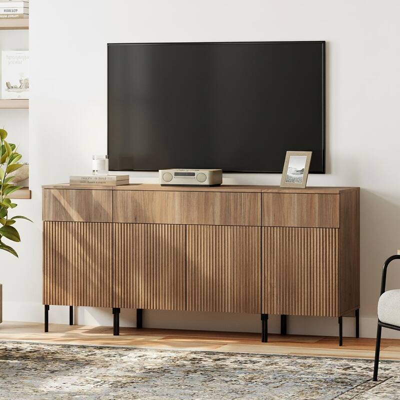 Modern Reeded Dresser TV Stand For Tvs Up To 75 Inch, Entertainment Center With Charging Station