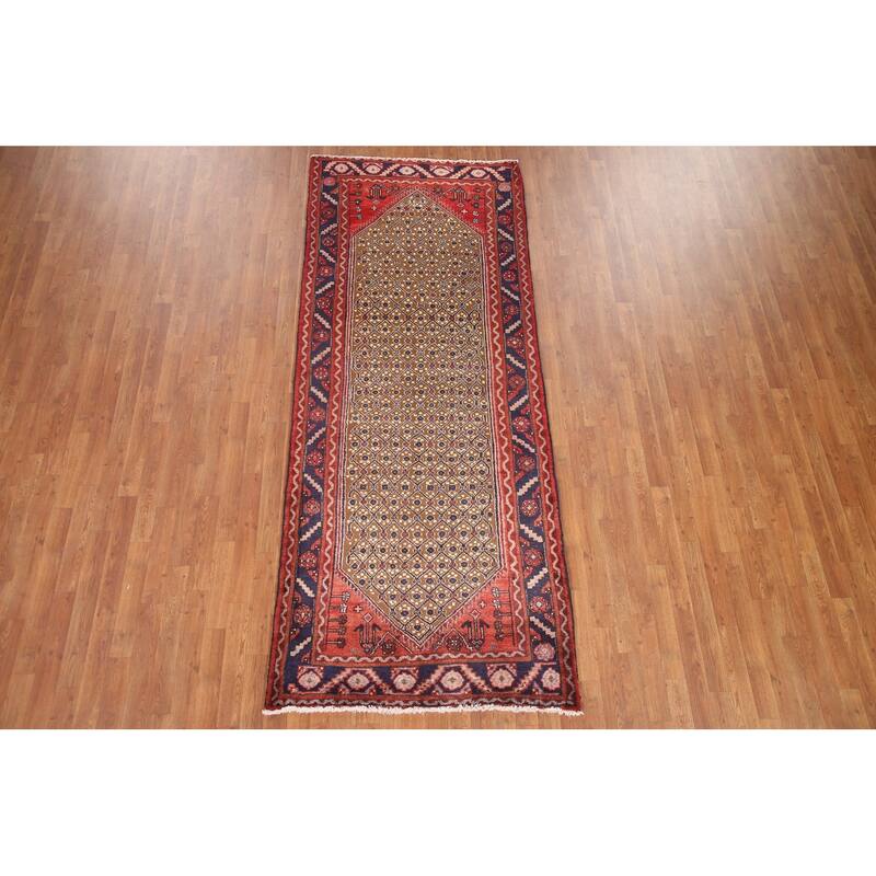 Hand Knotted Oriental 100% Wool Carpet Traditional Geometric Brown Koliaei Runner Rug - 9' 4'' X 3' 9''