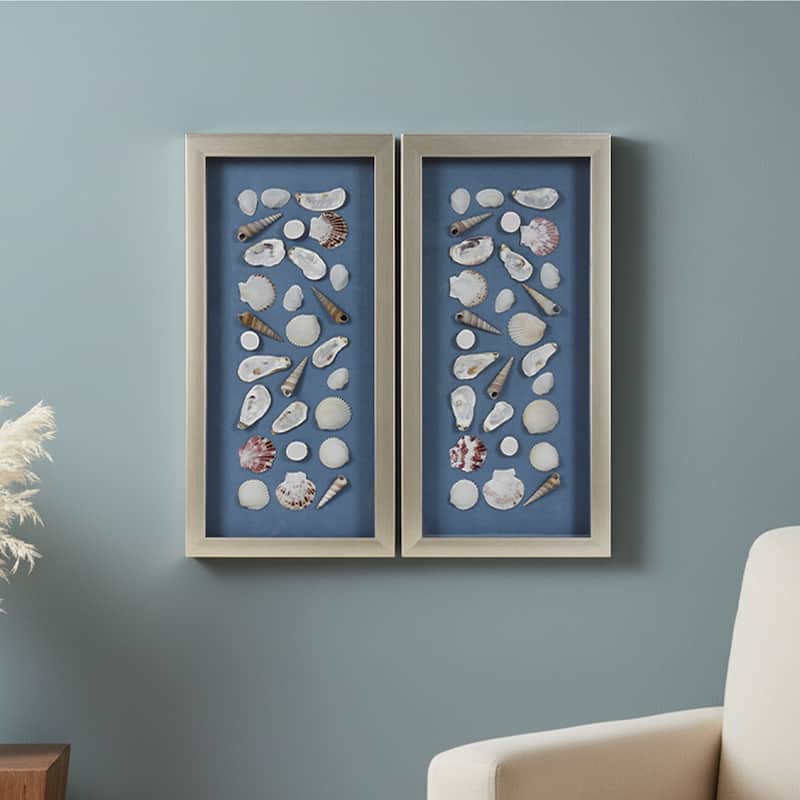 American Art Decor 2-Piece Coastal Seashell & Sea Glass Shadowbox Framed Wall Art Set