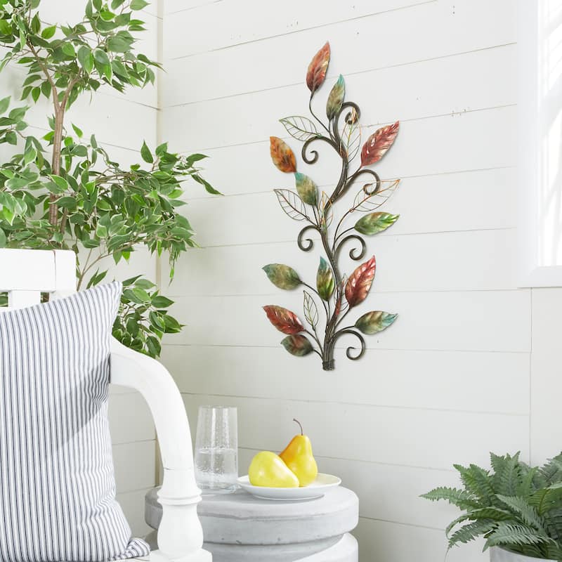 Multi Colored Metal Leaf Home Wall Decor with Scrolled Vine and Wire Leaf Accents - Multi Colored