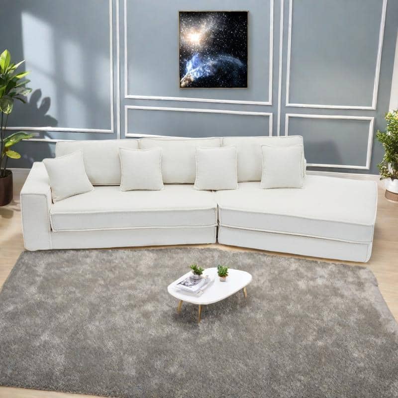 133" Lamb Velvet Convertible Sleeper Sofa with 7 Pillows (3 Back + 4 Throw), Foldable Gaming Bed Design