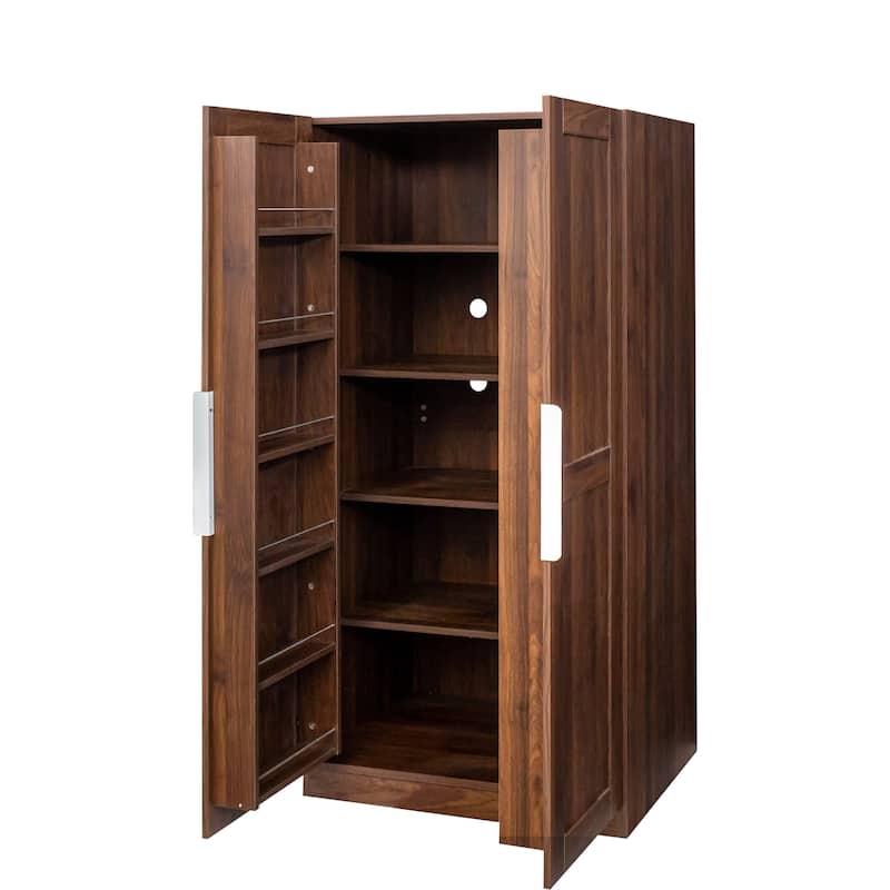 62.99in Kitchen Pantry Cabinet, Walnut Freestanding Buffet Cupboards Sideboard with Doors & Shelves