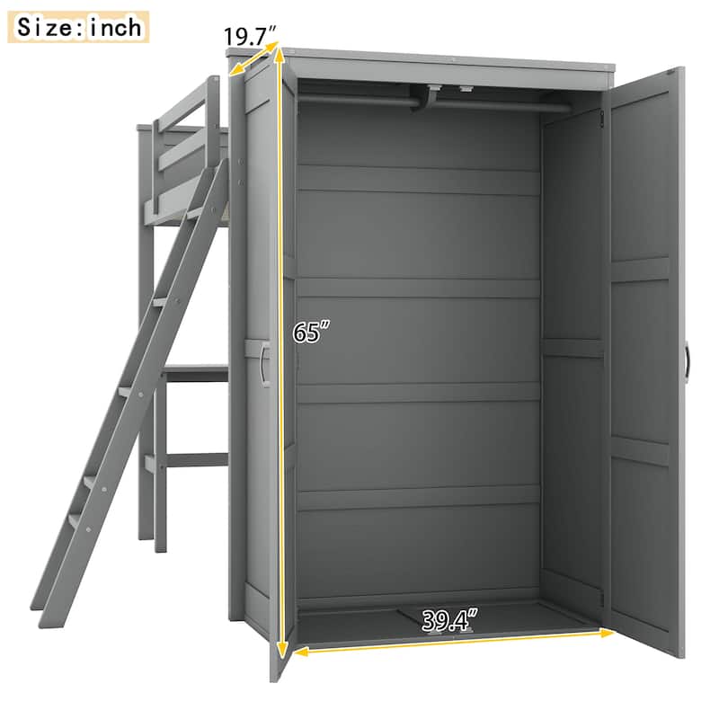 Twin Loft Bed with Wardrobe & Desk, Solid Wood Bed w/ Desk Underneath