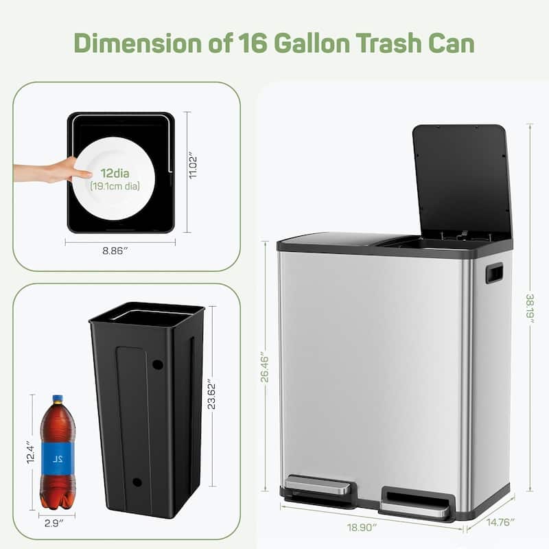 Kitchen Trash Can, 16 Gallon Garbage Can with Dual Inner Bins, Large Capacity 60/80 Liter Trash Can with Soft-Close Foot Pedal
