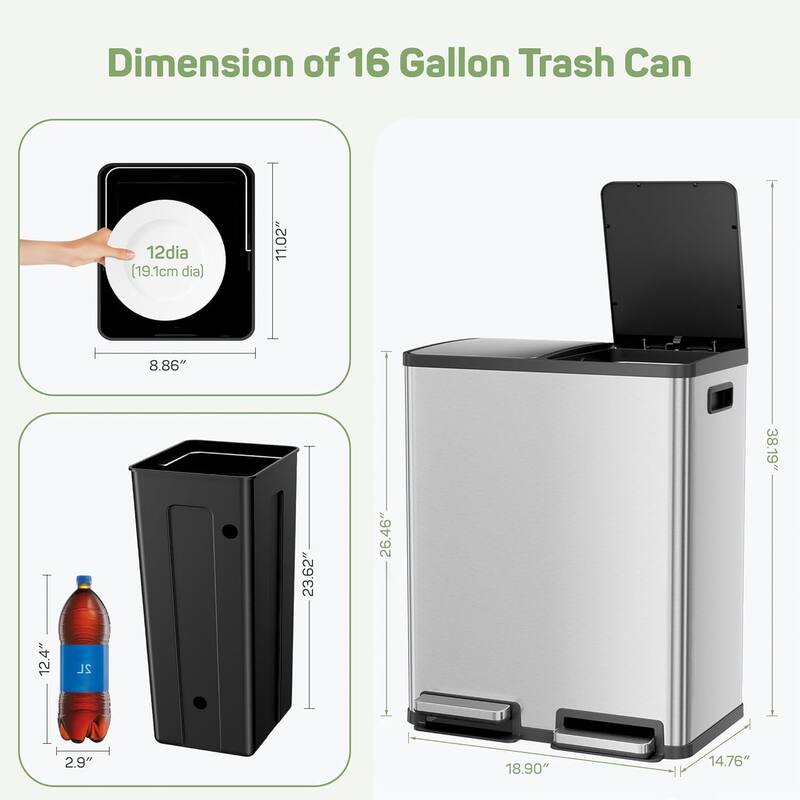 Kitchen Trash Can, 16 Gallon Garbage Can with Dual Inner Bins, Large Capacity 60 Liter Trash Can with Soft-Close Foot Pedal