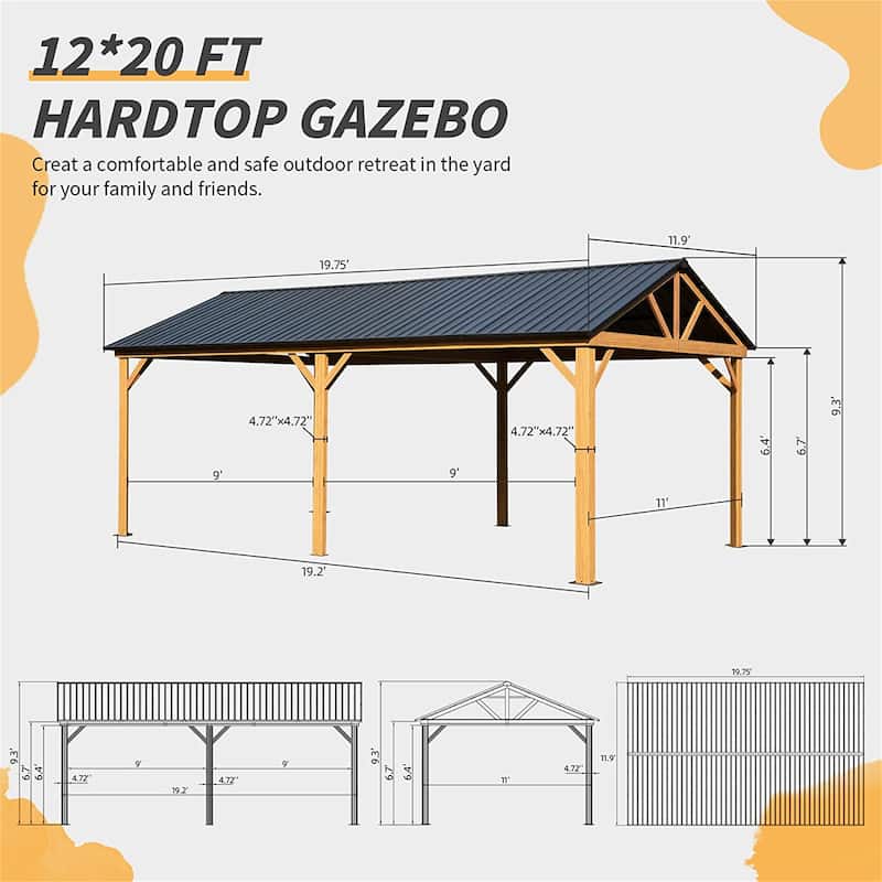 12x20 FT Hardtop Gazebo Galvanized Steel Gable Roof Gazebo Pergola
