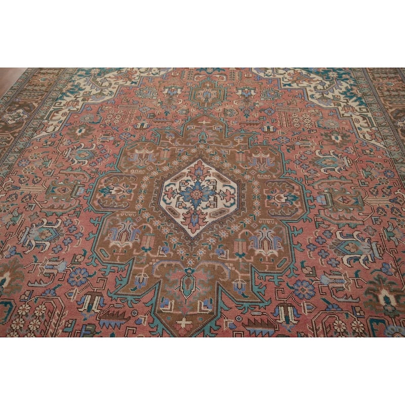 Pink Geometric Tabriz Persian Vintage Rug Hand-Knotted Wool Carpet - 9'7" x 12'10"