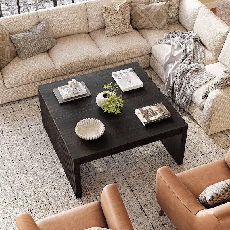 39.4-Inch Square Coffee Table, Mid-Century Modern Fluted Coffee Table